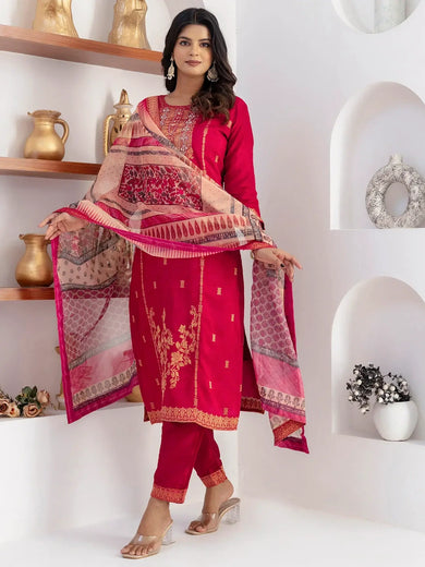 Fantastic Coral Red Zari Weaving Jacquard Pant Suit With Dupatta
